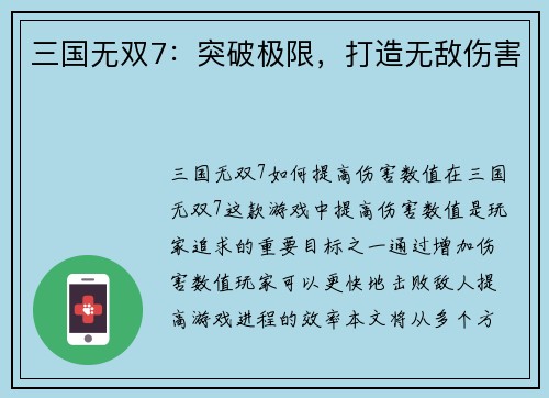 三国无双7：突破极限，打造无敌伤害