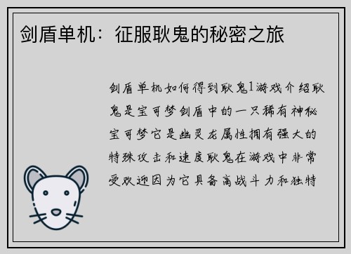 剑盾单机：征服耿鬼的秘密之旅