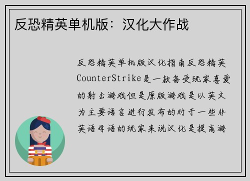 反恐精英单机版：汉化大作战